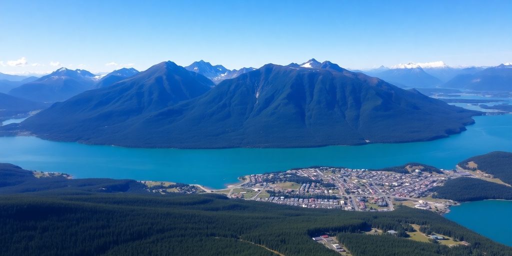 Aerial view of Juneau's mountains and waters.