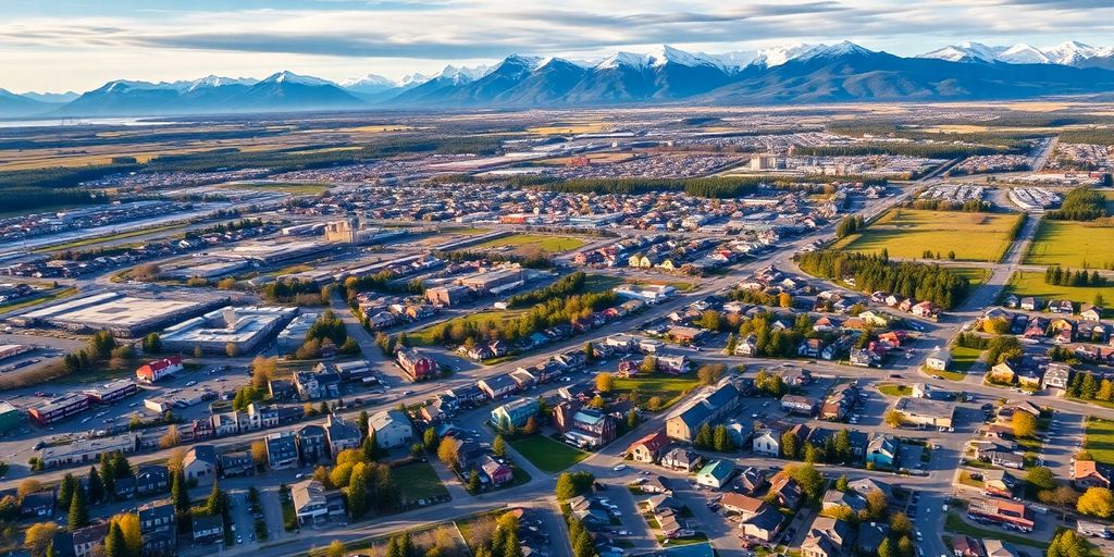 Aerial view of Anchorage with mountains and cityscape.