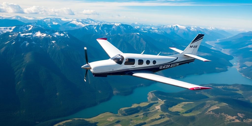 Aerial view of Glacier Aviation training aircraft in flight.