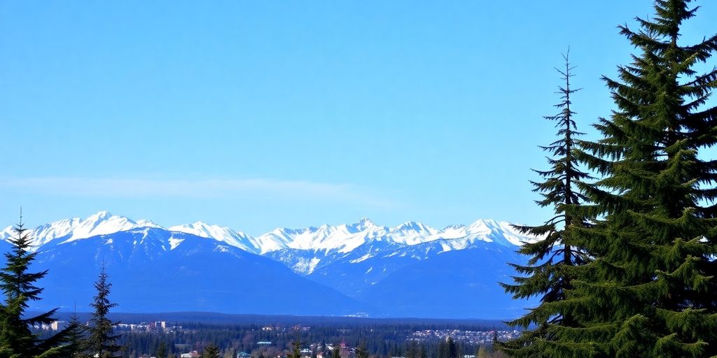 Scenic view of Anchorage with mountains and trees.