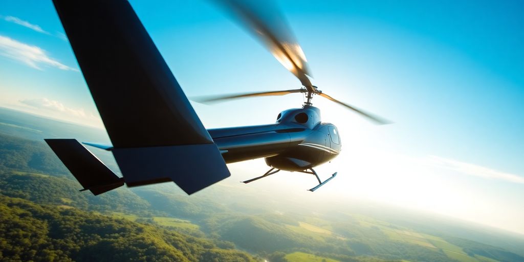 Helicopter flying over a picturesque landscape in daylight.