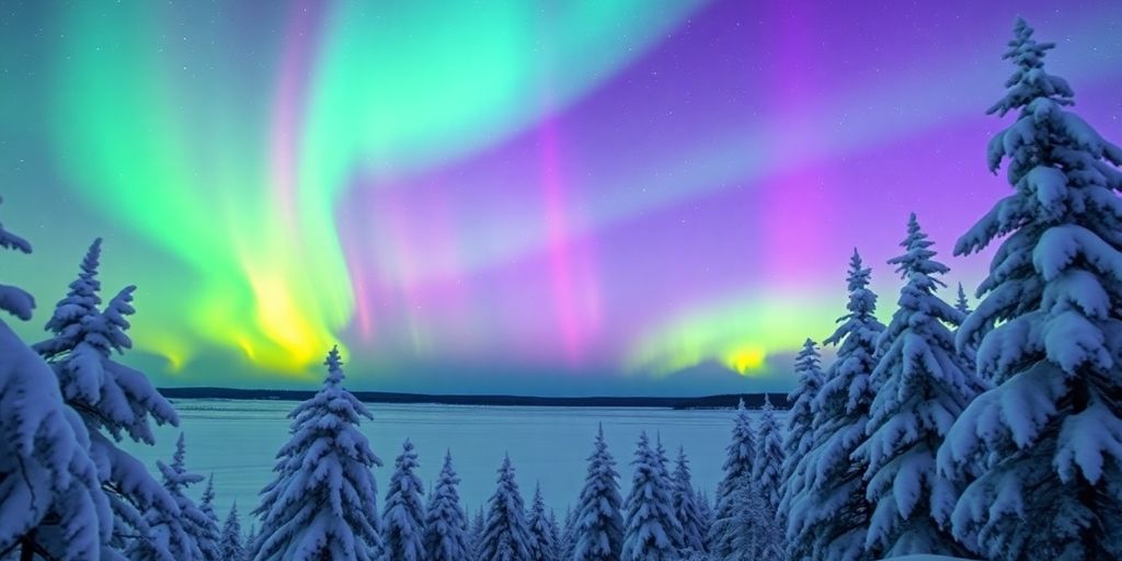 Northern Lights over snowy landscape in Alaska.