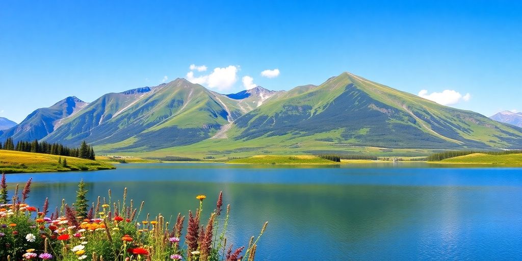 Scenic Alaska landscape in July with mountains and lake.