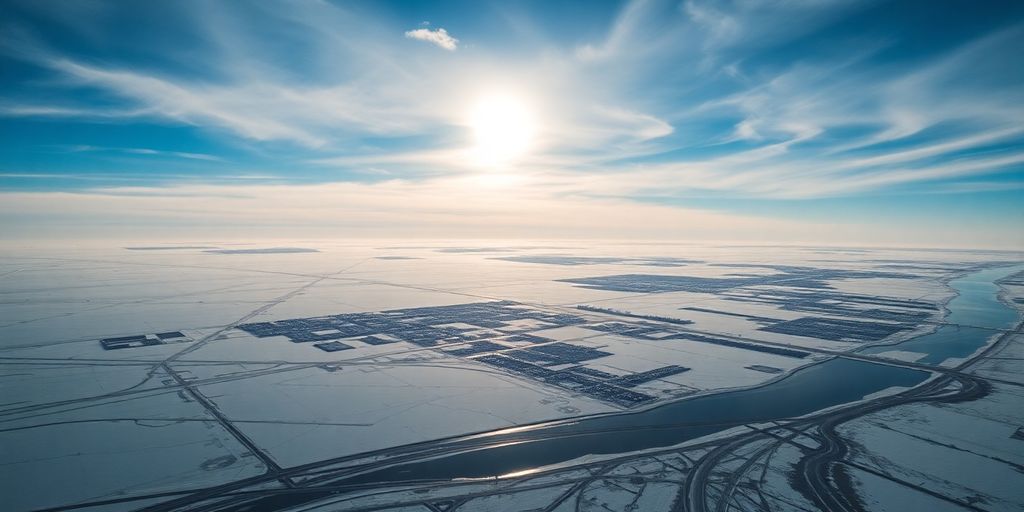 Aerial view of Barrow, Alaska's icy landscape and sky.