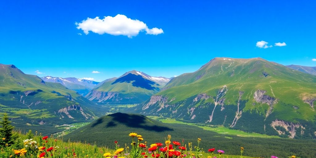 Alaska summer landscape with mountains and wildflowers.