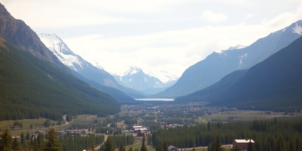 Scenic Alaska landscape from 1950 with mountains and forests.