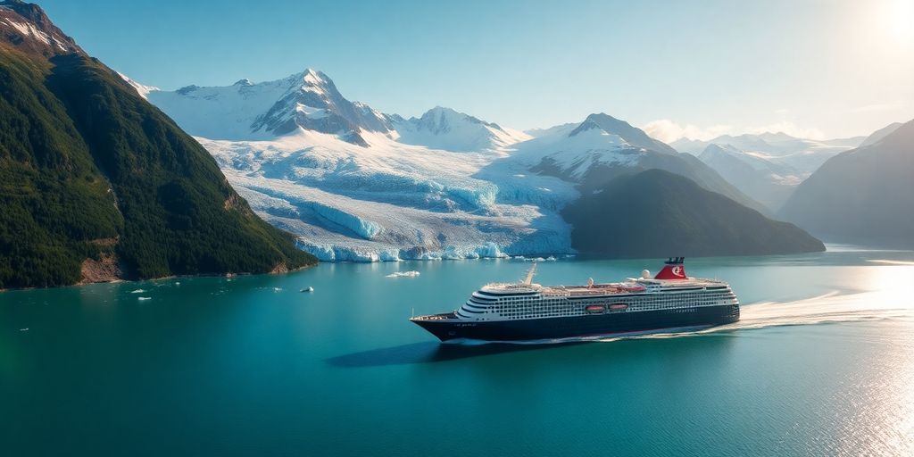 Cruise ship navigating through Alaska's stunning glacier waters.