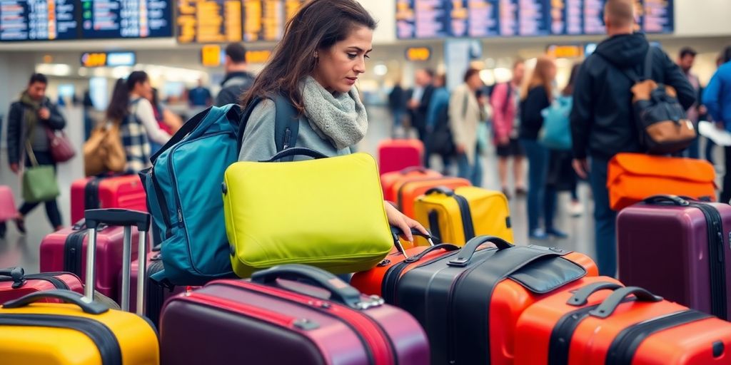 Traveler managing multiple bags at an airport terminal.