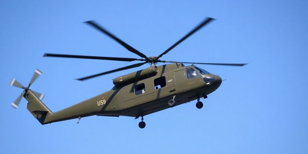 UH-1 Huey helicopter flying against a clear blue sky.