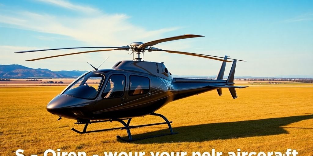 Used helicopter parked in a scenic landscape under blue skies.