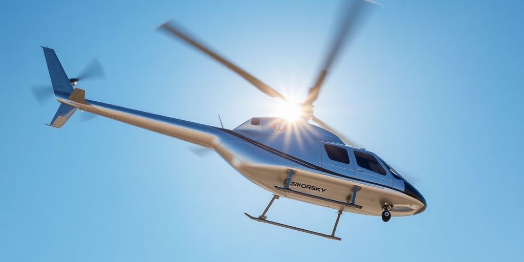 Sikorsky S76 helicopter flying in a clear blue sky.