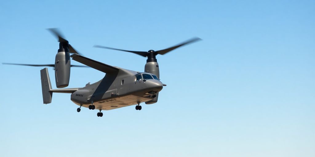 Osprey helicopter flying over mountains in clear sky.