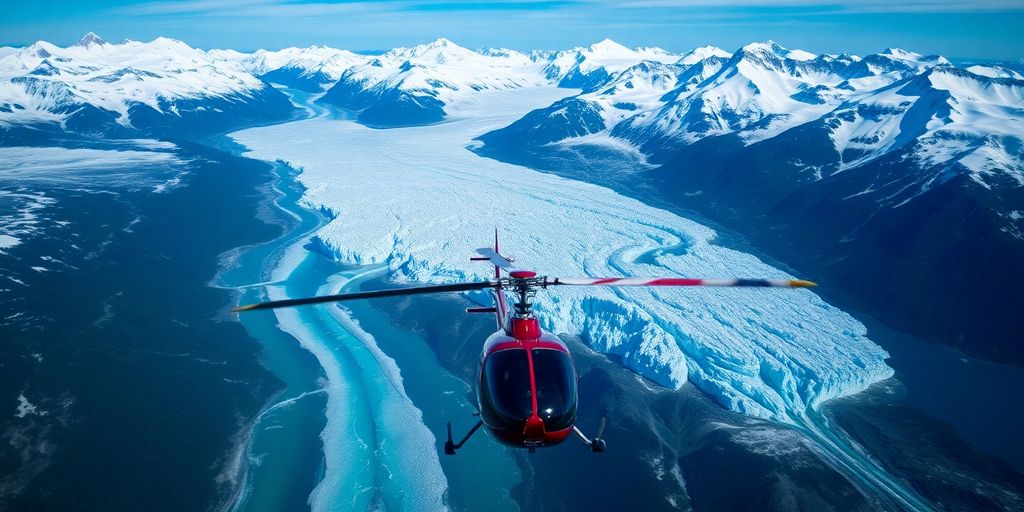 Helicopter flying over glaciers in Juneau, Alaska.