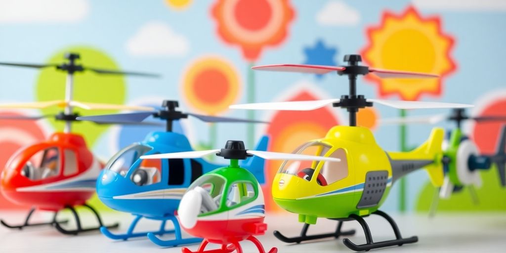Colorful helicopter toys for children on a playful backdrop.