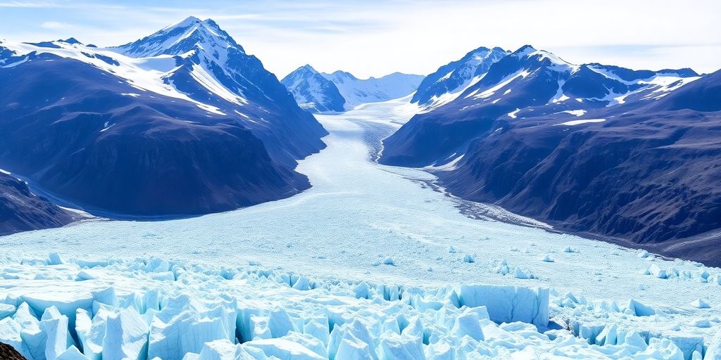 Grewingk Glacier with ice formations and mountain backdrop.