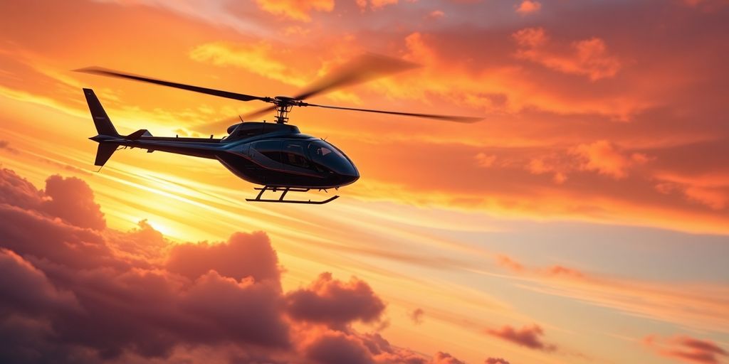 Modern helicopter flying through a vibrant sunset sky.
