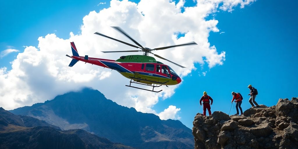 Helicopter hovering over a cliff, rescue mission in action.
