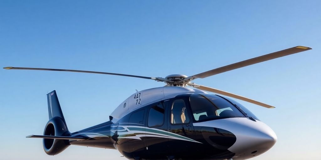 Luxury helicopter with sleek design in clear blue sky.
