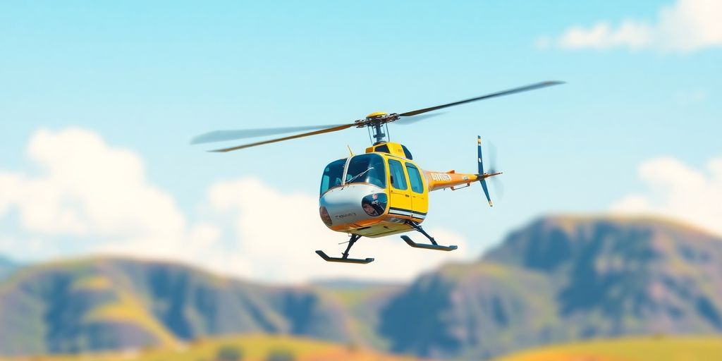 Vintage helicopter soaring in a colorful pixelated landscape.