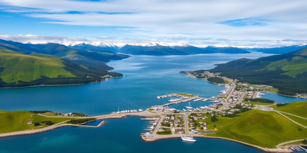 Aerial view of Homer, Alaska with Kachemak Bay.