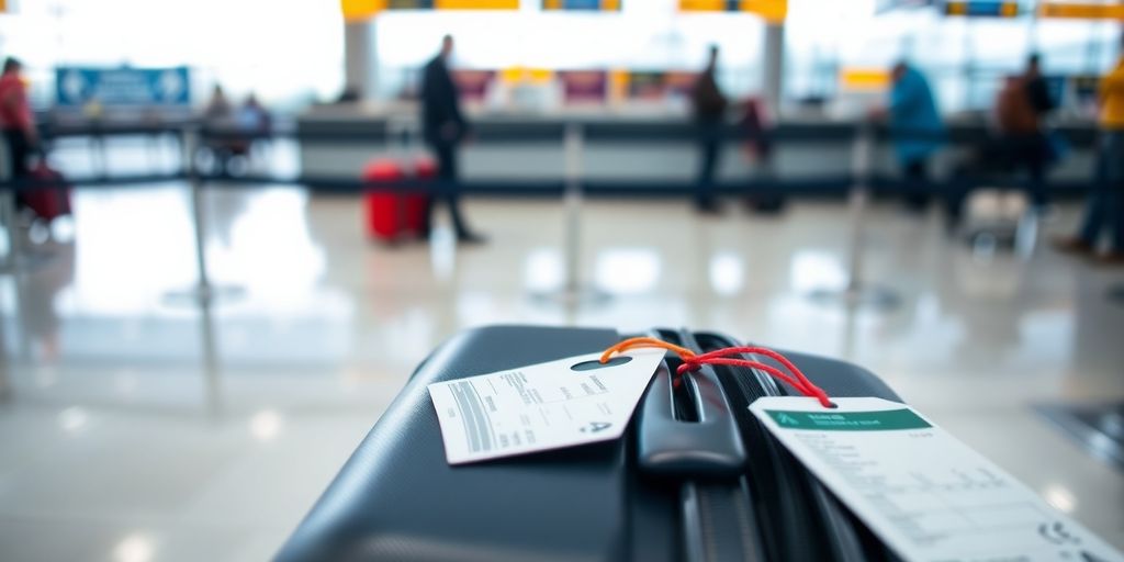 Suitcase with travel tags at an airport check-in counter.