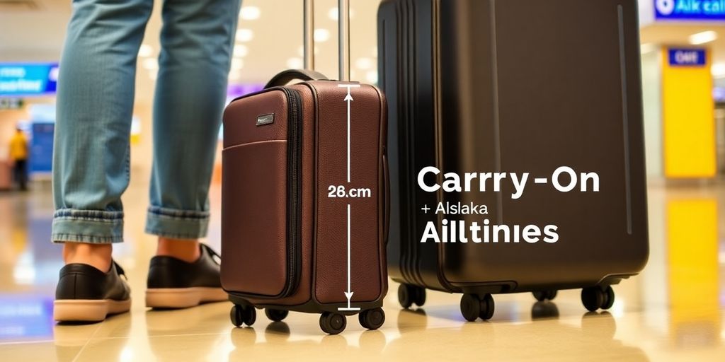 Traveler's luggage showing carry-on size at an airport.