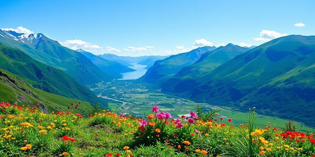 Scenic Alaskan landscape with mountains and wildflowers.