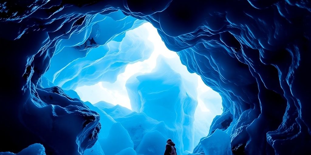 Magnificent blue ice formations inside an Alaskan ice cave.
