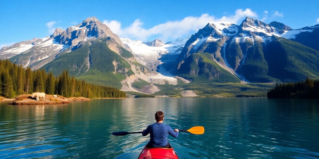 Kayaker in Alaska surrounded by mountains and glacial lakes.