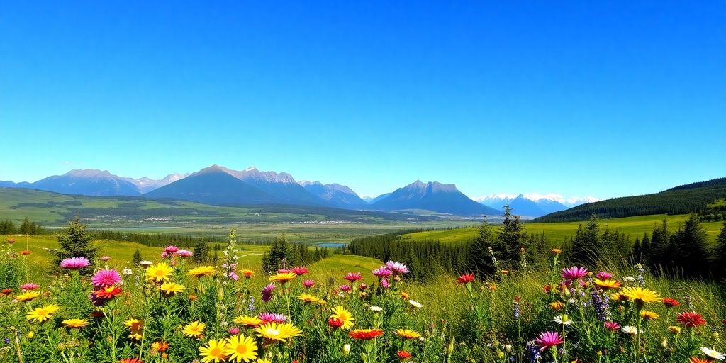 Scenic Alaska landscape in August with mountains and wildflowers.