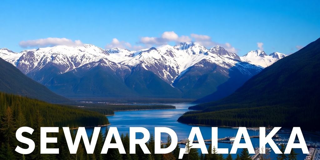 Scenic view of Seward, Alaska's mountains and waterfront.