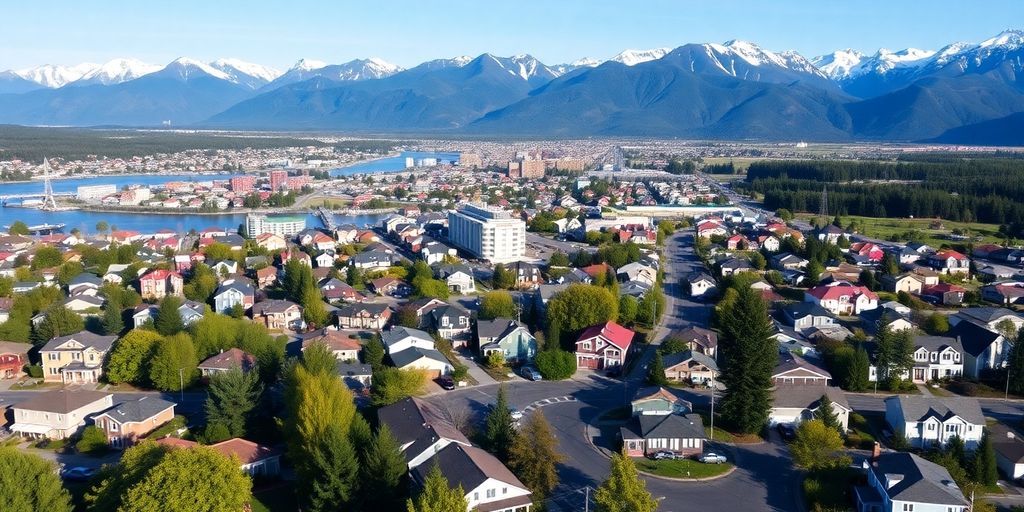 Scenic view of Anchorage with neighborhoods and mountains.
