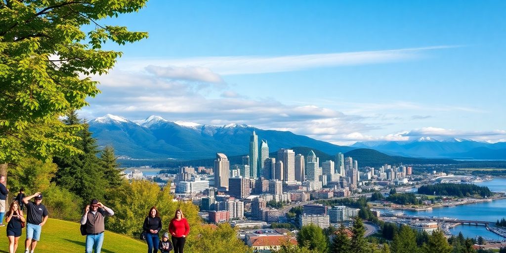 Anchorage skyline with mountains and urban activities featured.