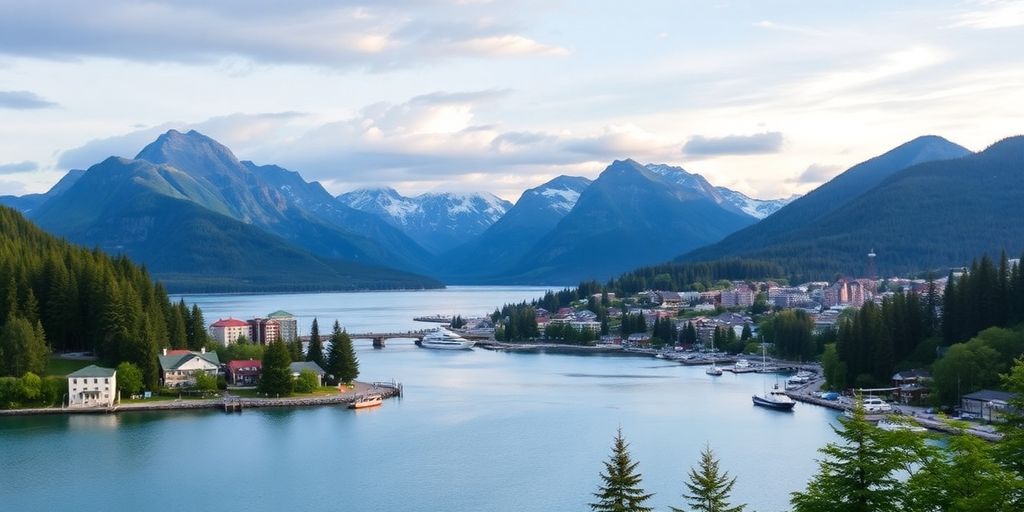 Scenic view of Juneau, Alaska with mountains and waterfront.