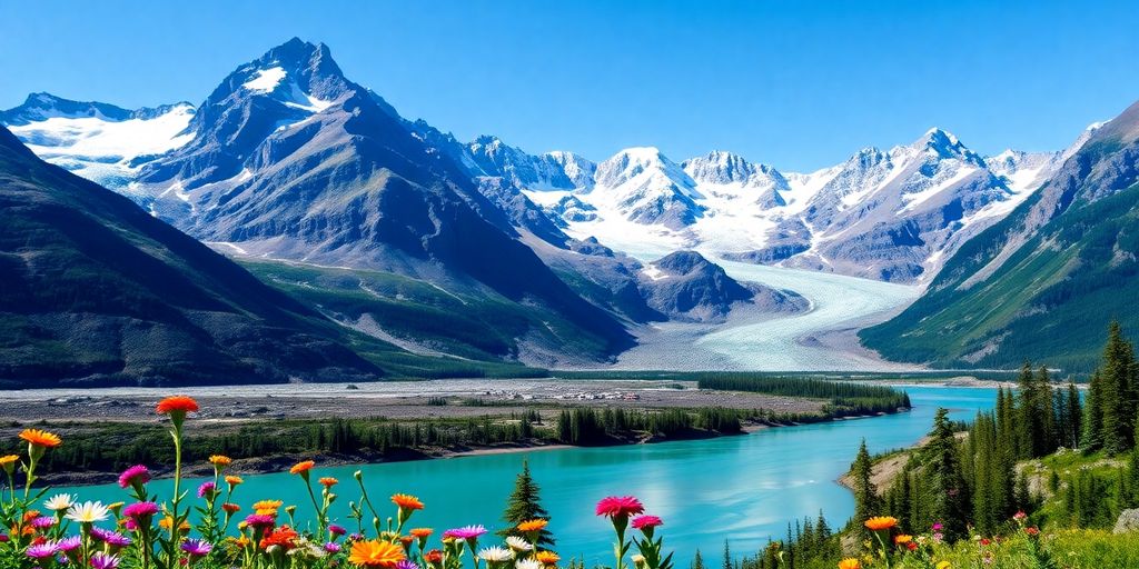 Scenic Alaska landscape with mountains, glaciers, and wildflowers.