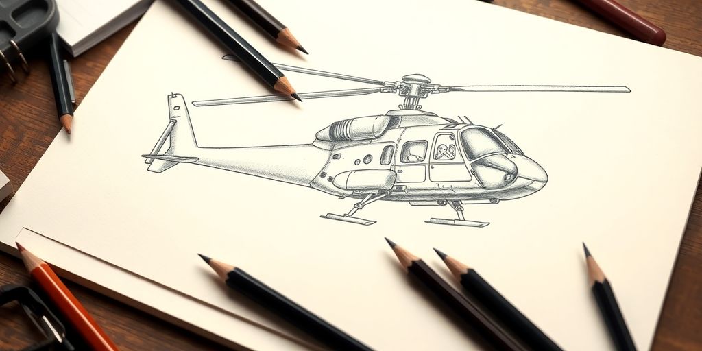 Close-up of a helicopter drawing with art supplies.