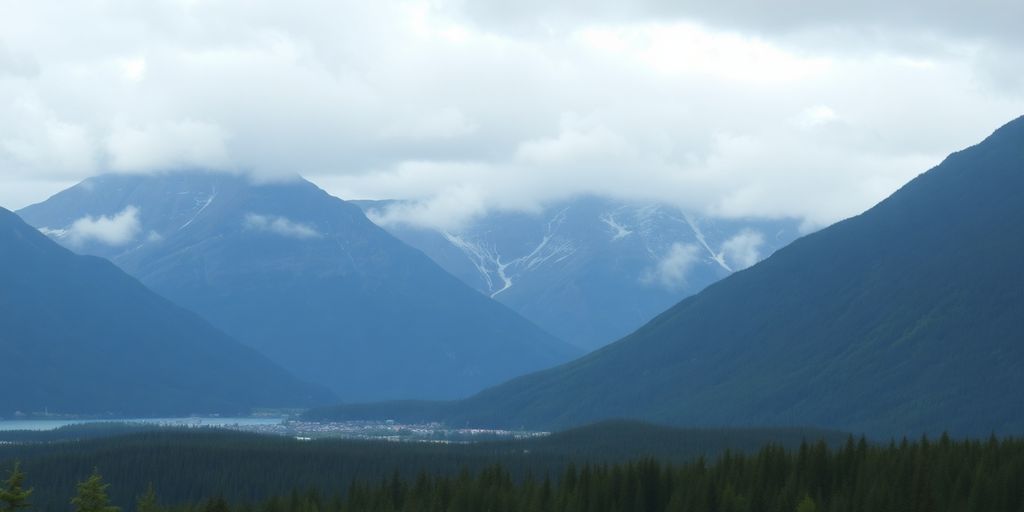 Scenic photo of Juneau, Alaska with mountains and clouds.