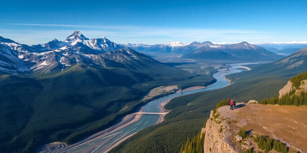 Aerial view of Alaska's mountains and forests.