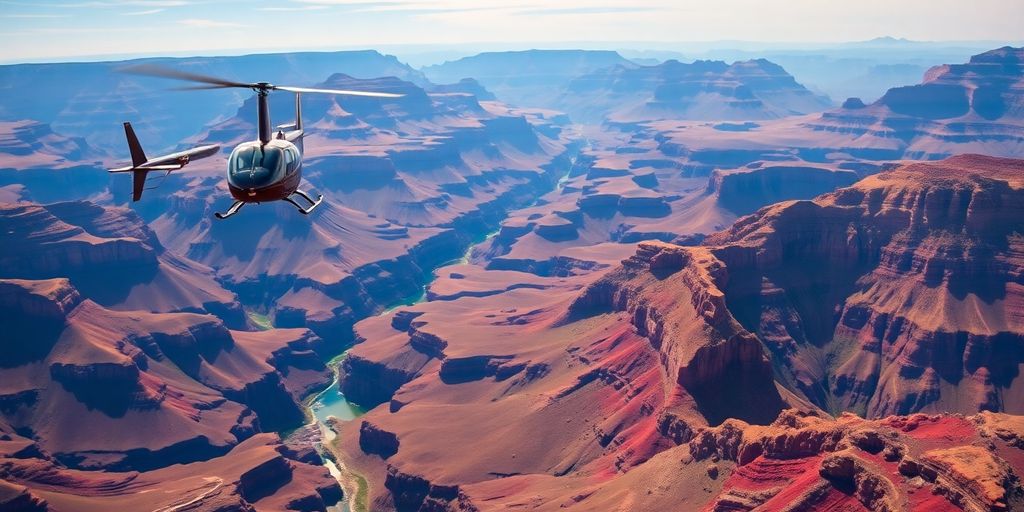 Helicopter flying over the stunning Grand Canyon landscape.
