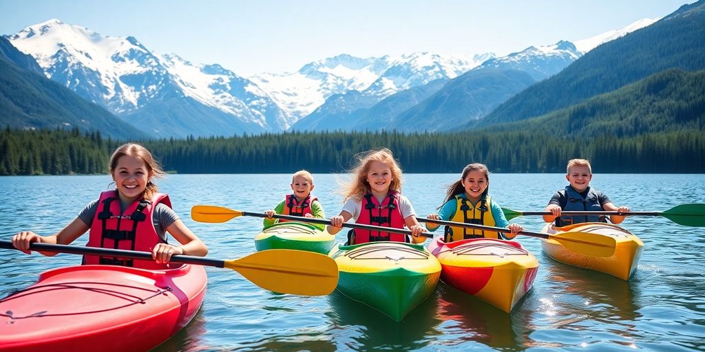 Kids kayaking past glaciers in Alaska.
