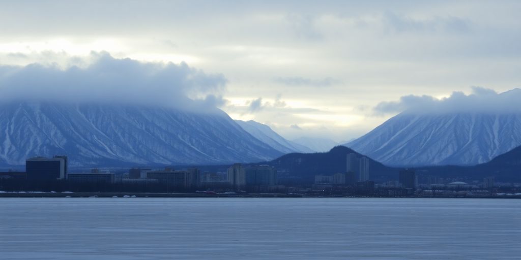Snowy Anchorage cityscape under dramatic sky.