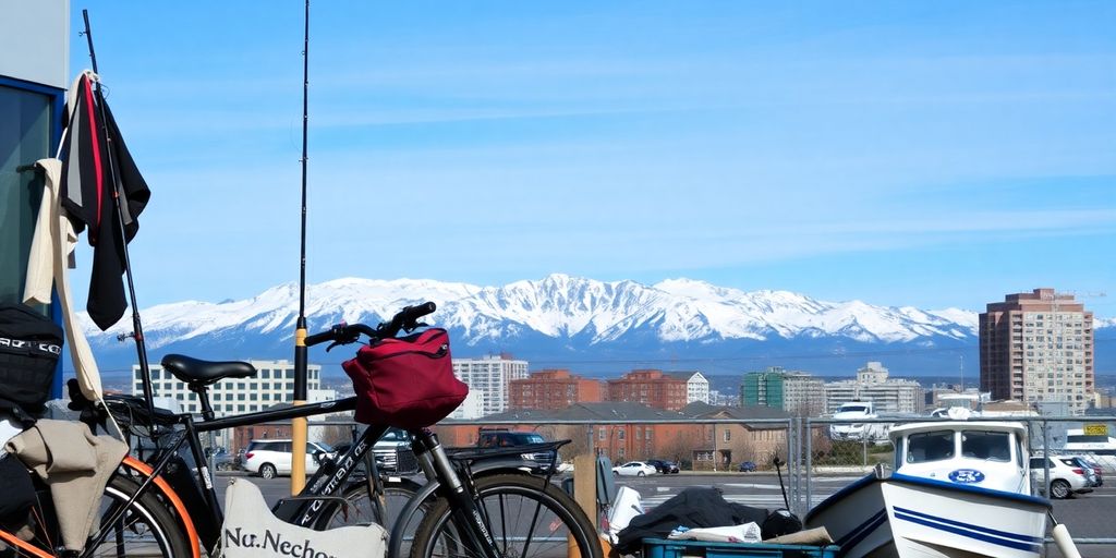 Alaskan landscape, city, and various items.