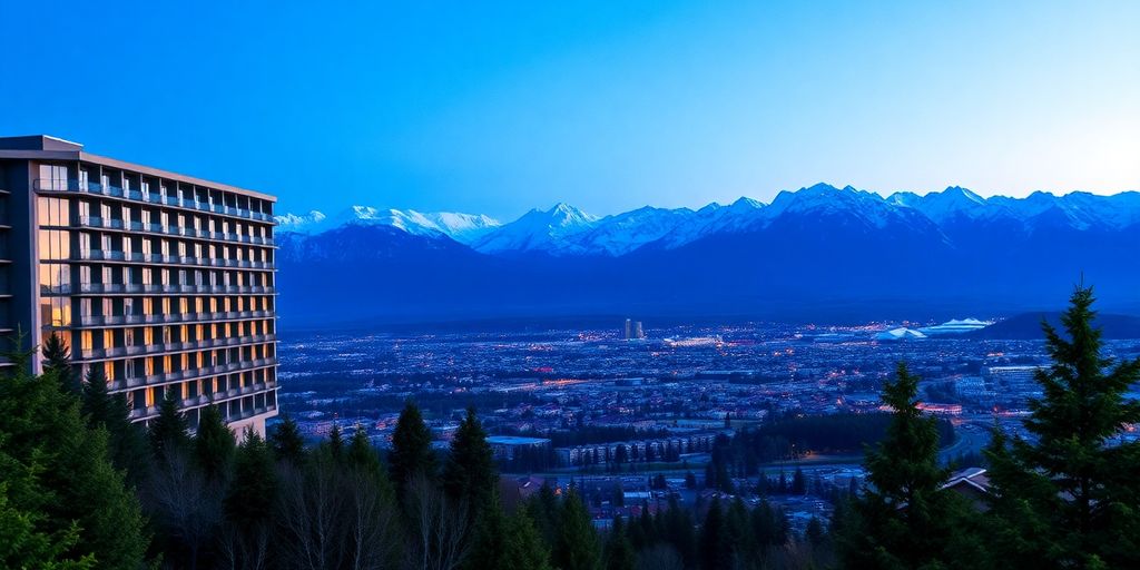 Luxury hotel overlooking Alaskan mountains and cityscape.