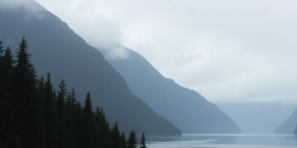 Juneau, Alaska: Rainy mountain, evergreen trees, misty fjord.