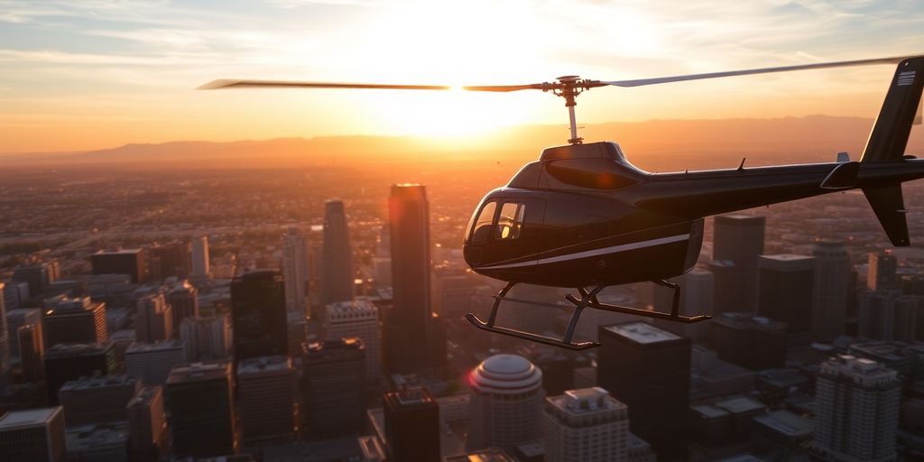 Helicopter soaring above Denver's skyline at sunset.