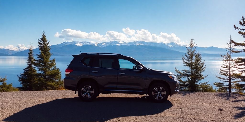 SUV parked by mountains and lake in Alaska
