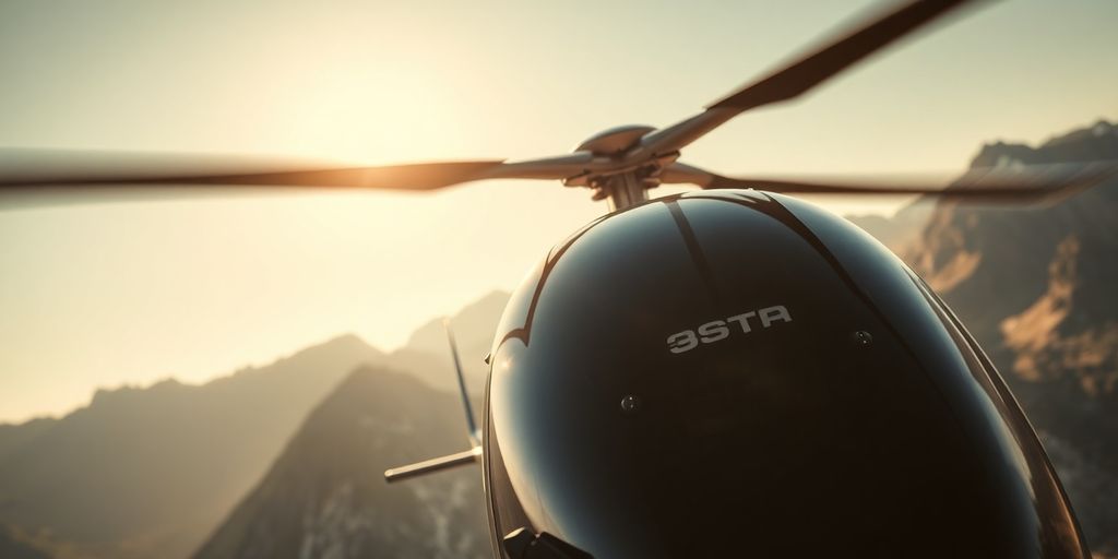 Helicopter in flight over mountains.