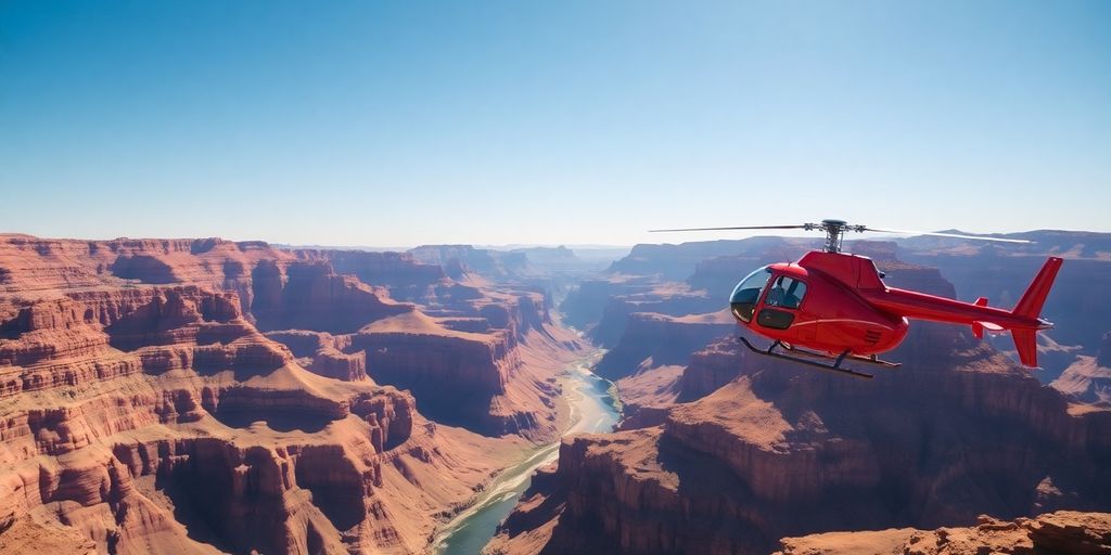 Helicopter flying over Grand Canyon, Arizona landscape.