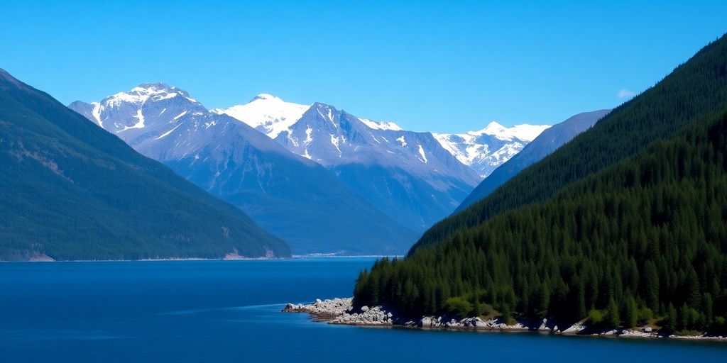 Majestic Alaskan mountains, crisp blue water, lush green forest.