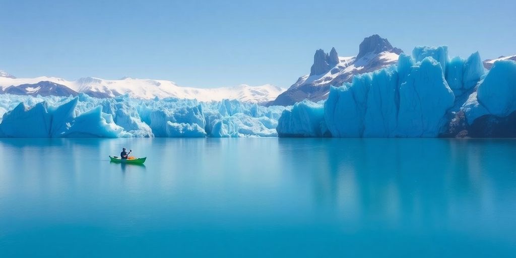 Kayaker paddles past blue glacier in Juneau.